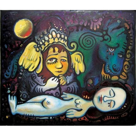 A surreal painting featuring a nude woman lying down with closed eyes, a small angel-like figure with a crown and wings looking over her, a mysterious blue creature with multiple eyes, and a cosmic background with a yellow moon.