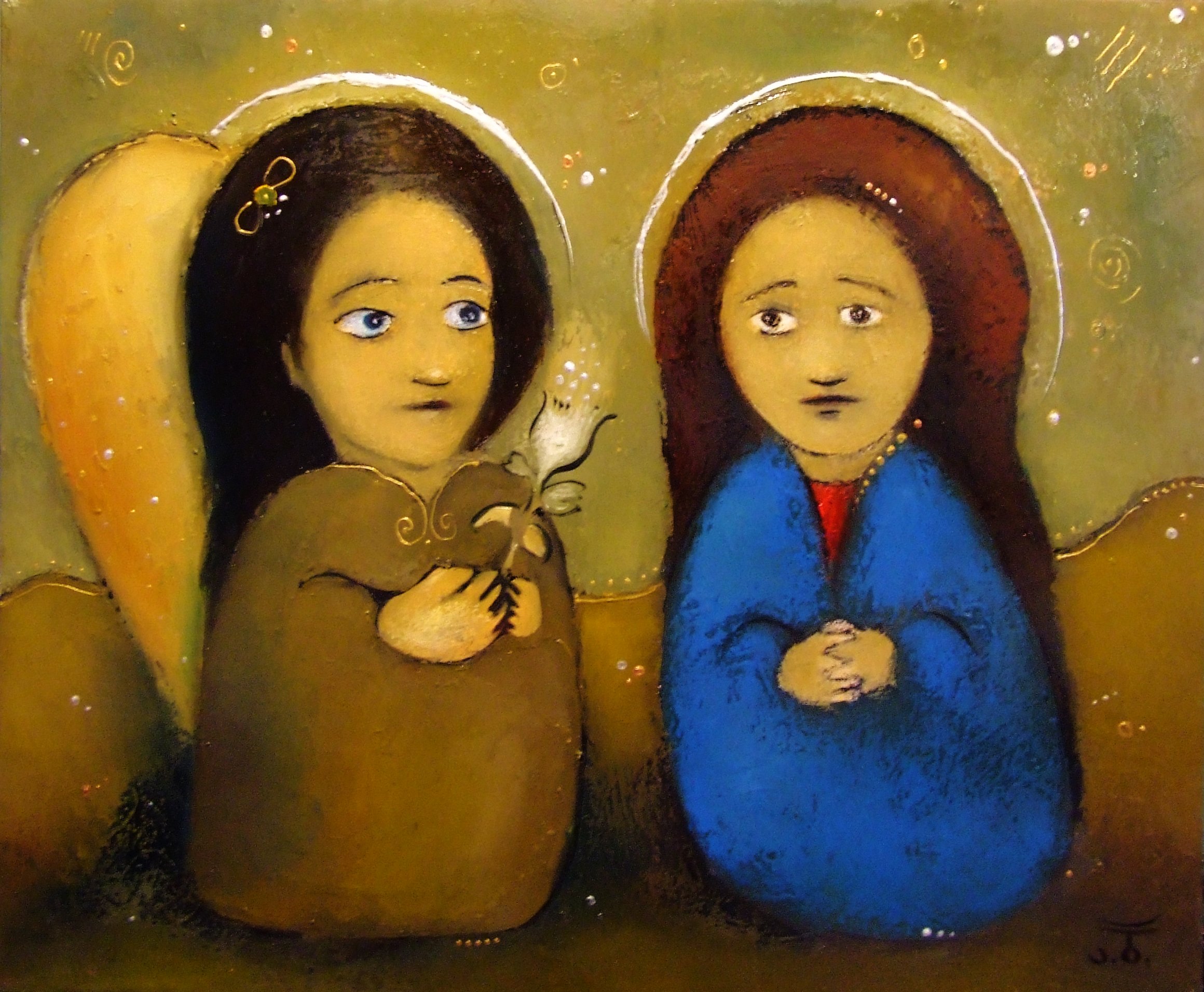 A colorful painting of two angels with large wings. One angel has dark hair with a yellow hair accessory and is holding a flower. The other angel has reddish hair and is wearing a blue garment. Both angels have expressive faces and are surrounded by 