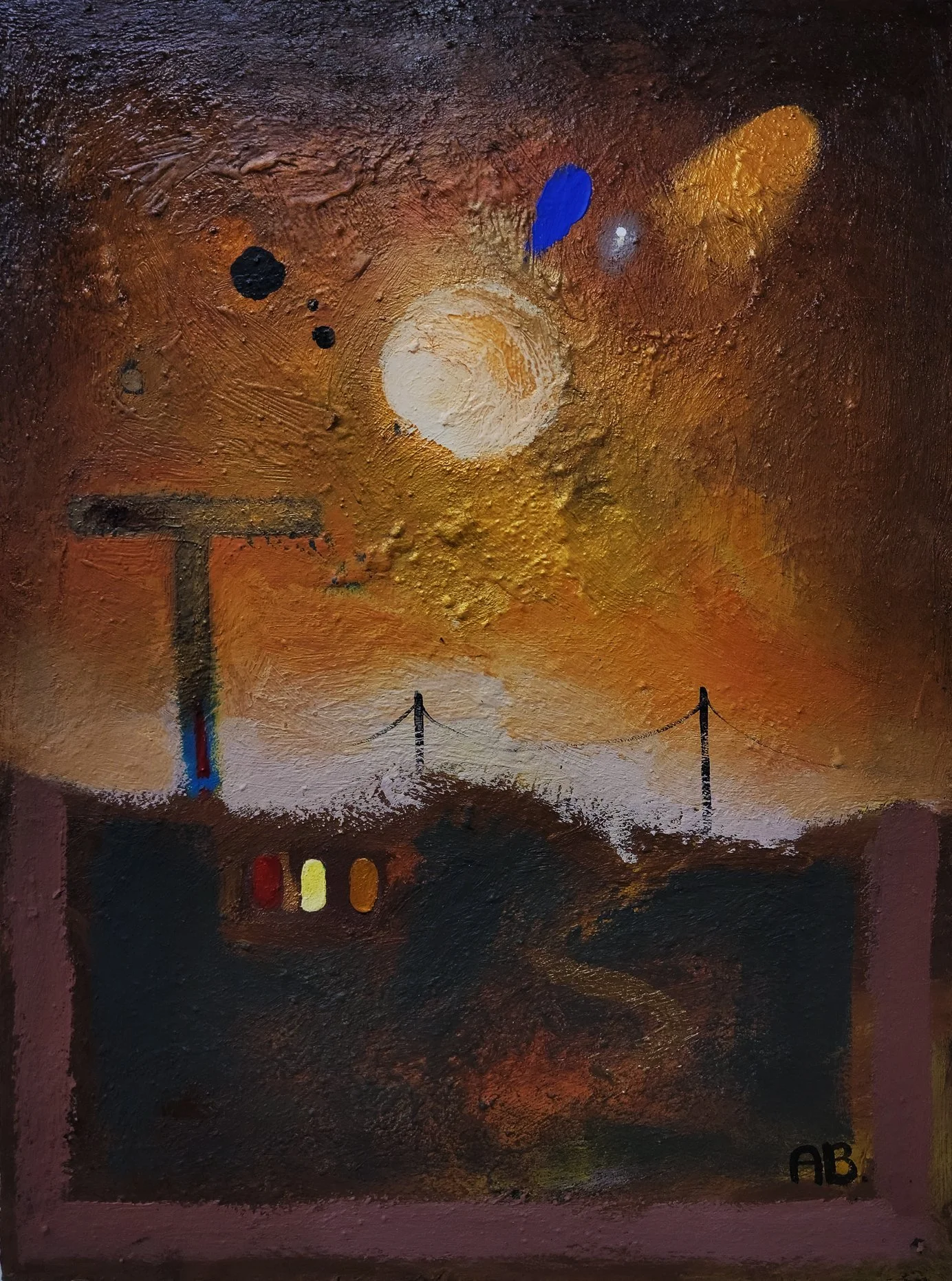An abstract painting depicting a sunset or sunrise with a large white sun, a blue cloud, a yellow cloud, and a dark landscape with a road, power lines, and a traffic light showing red, yellow, and green lights. The sky has warm tones of orange, yello