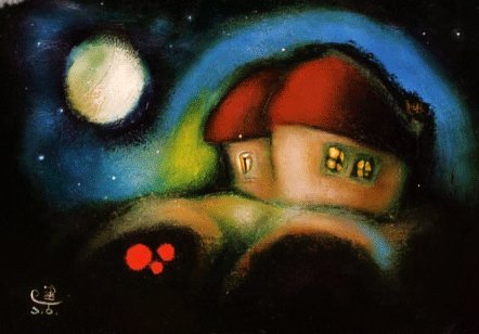 A colorful painting of a house with a red roof and yellow-lit windows, surrounded by a grassy landscape and a night sky with a bright moon and stars.