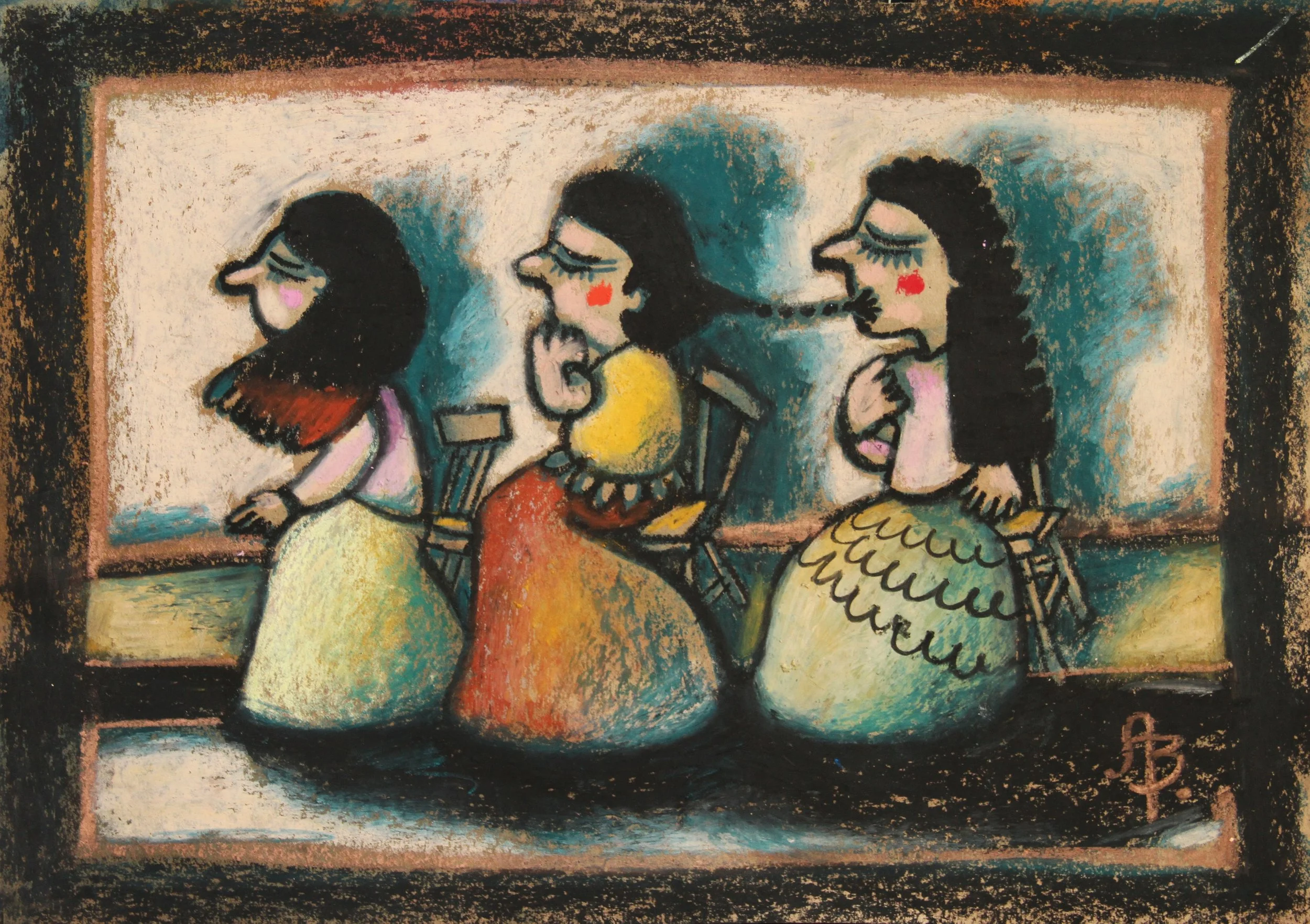 A painting depicting four women sitting on chairs in a row, each with long hair and colorful dresses. The women are turned sideways, with closed eyes and different facial expressions, giving a stylized, abstract appearance.