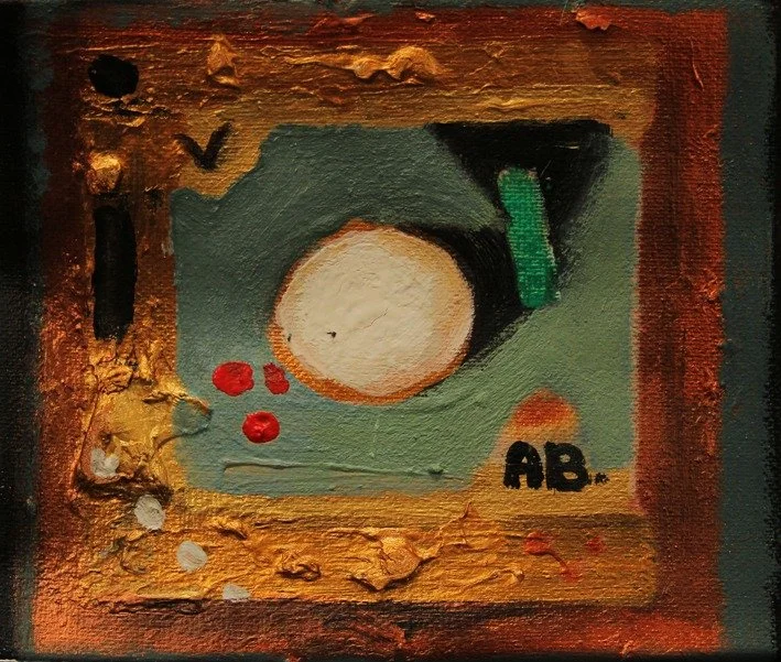 An abstract painting featuring a large tan circle, small red circles, and various textured patches of gold, green, black, and gray colors.