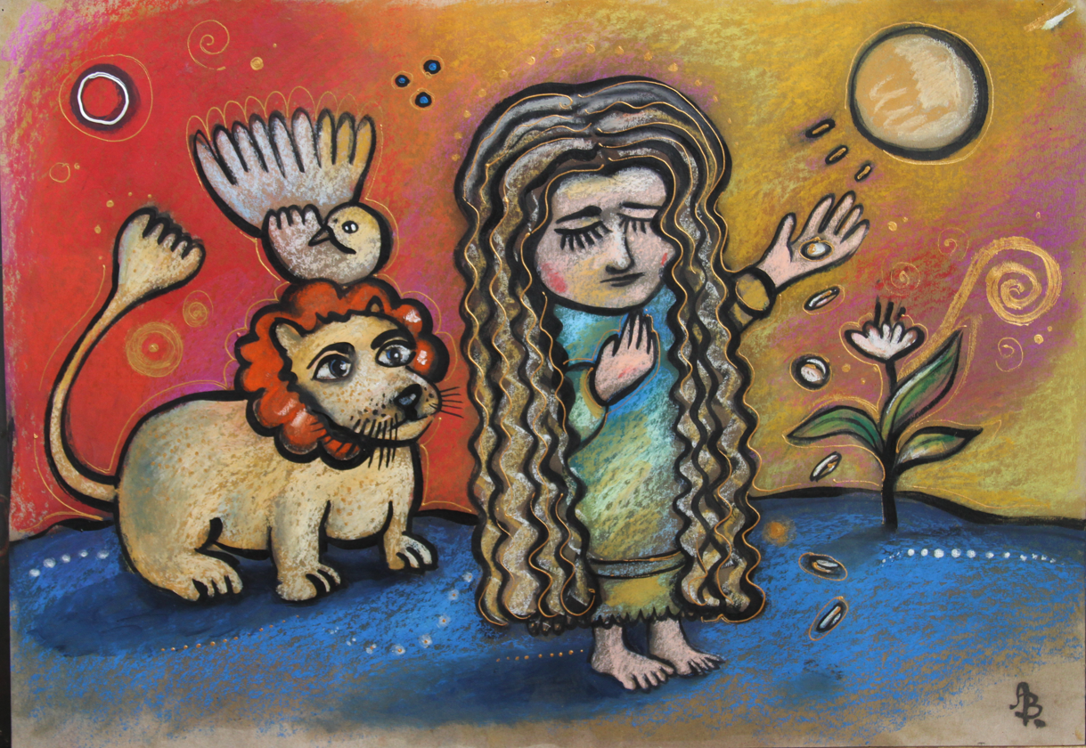 A colorful, symbolic painting of a girl with long curly hair kneeling with a prayerful expression, a lion with a peaceful expression, a dove perched on the lion, a lamp, a flower, and a celestial moon and star in the background, using vivid colors an
