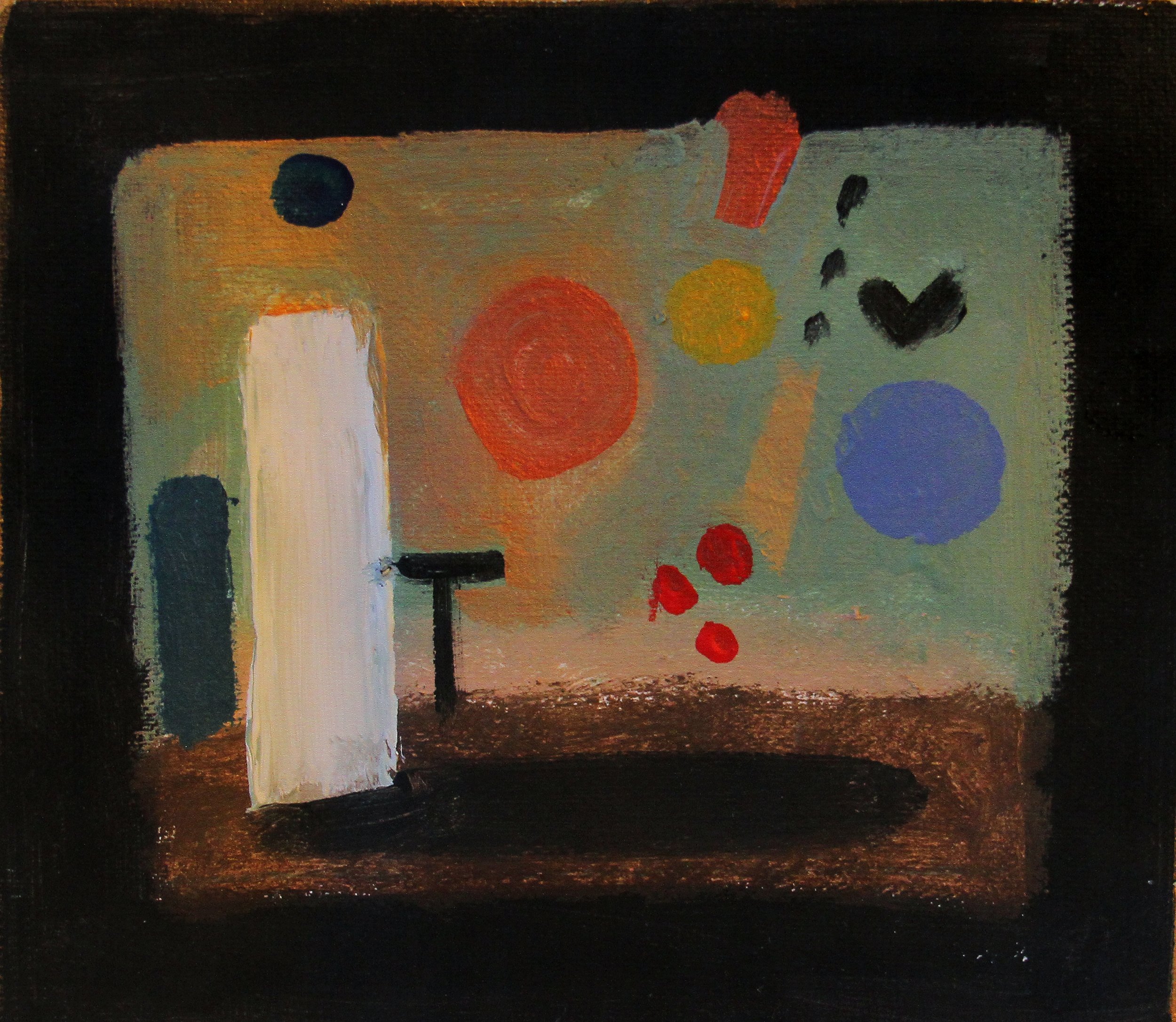 Abstract painting with various colored circles and shapes on a muted background, framed by a black border.