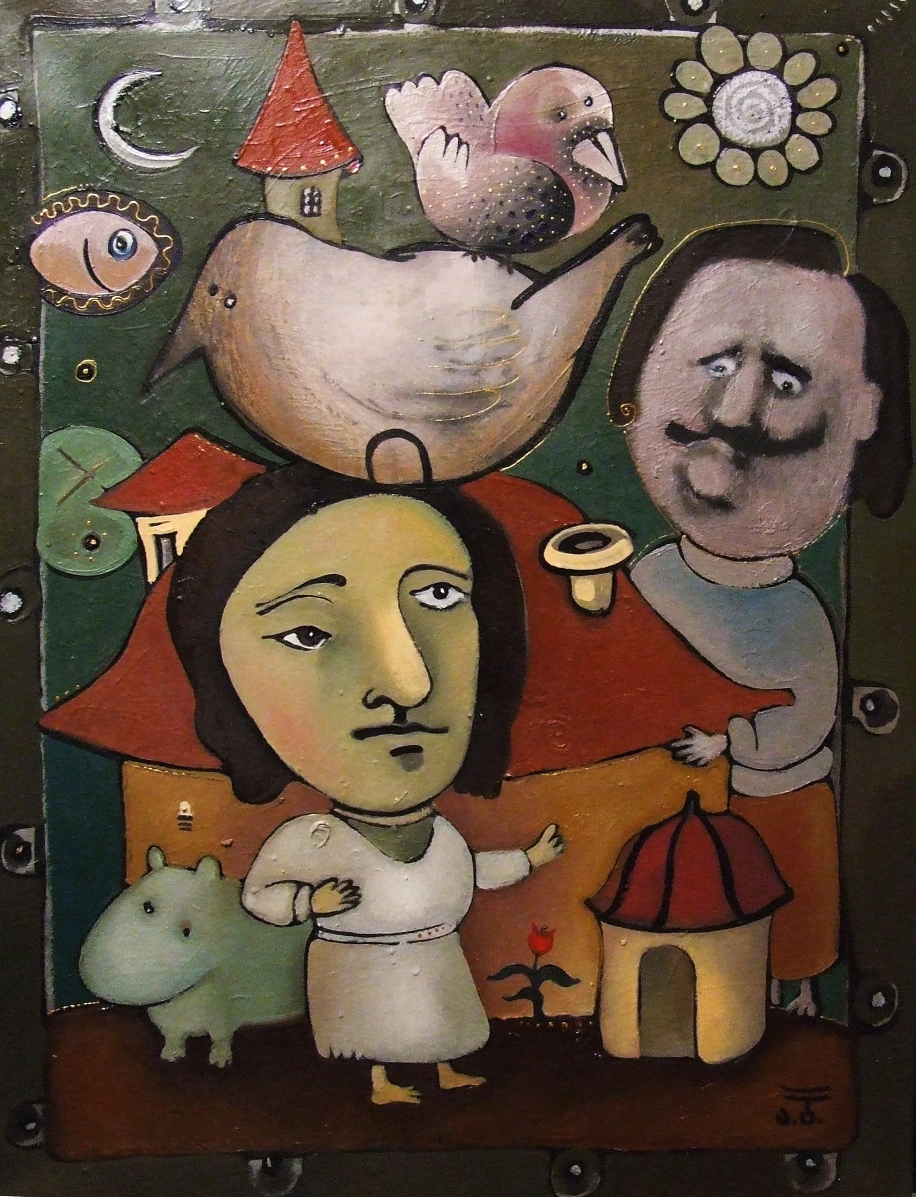 Colorful abstract painting with a woman, a man, a hippo, a bird, small buildings, and celestial symbols.