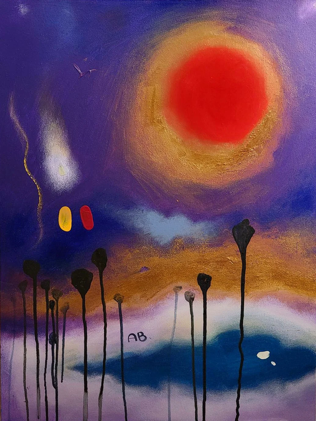 Abstract painting featuring a large red and yellow sun in a colorful sky with purple, blue, and gold hues, black flower-like shapes with elongated stems, and two colored pills, one yellow and one red, near the bottom.