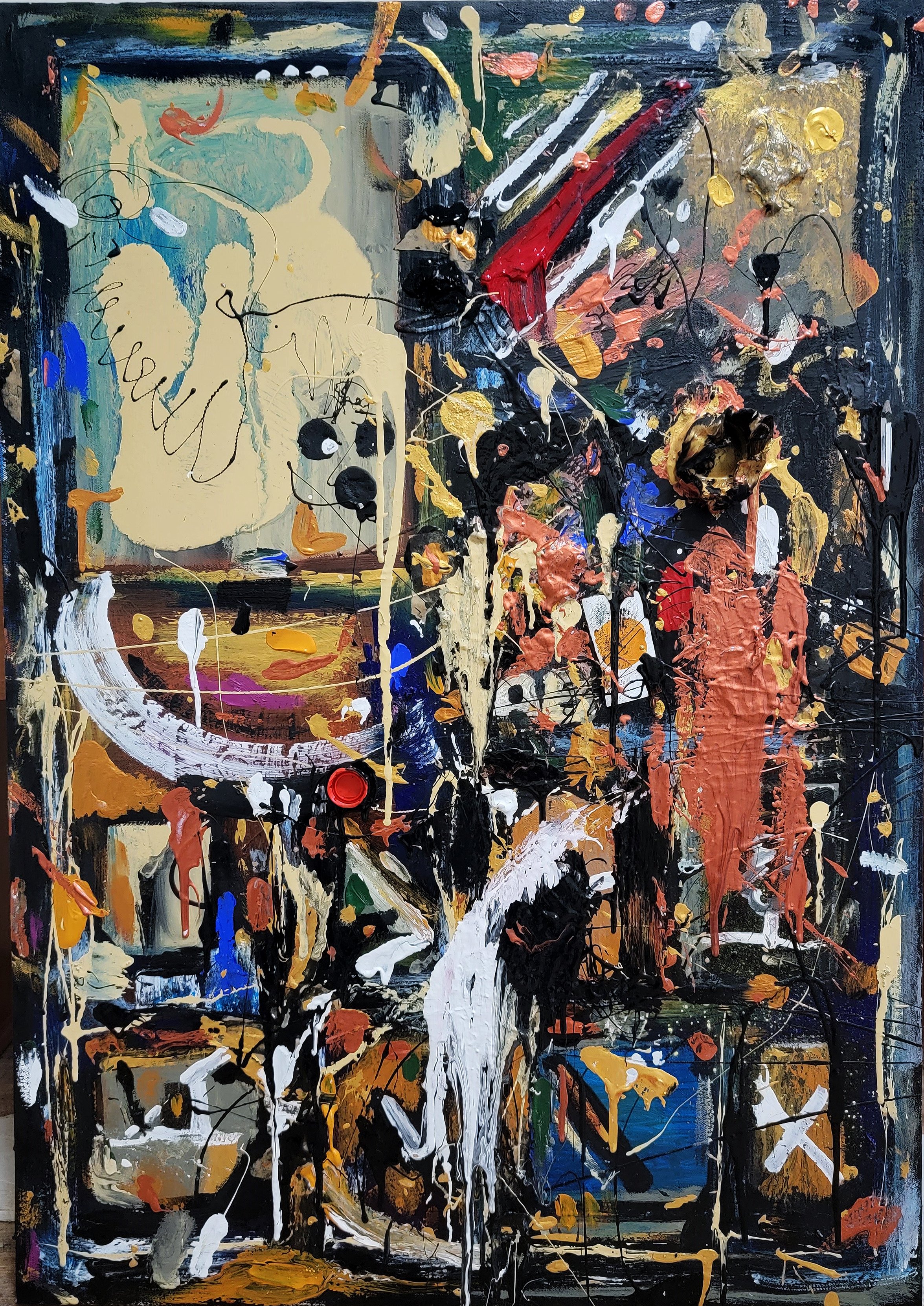 Abstract expressionist painting with splashes of bold colors including black, white, red, blue, yellow, and orange, layered with thick textures and dynamic brushstrokes.