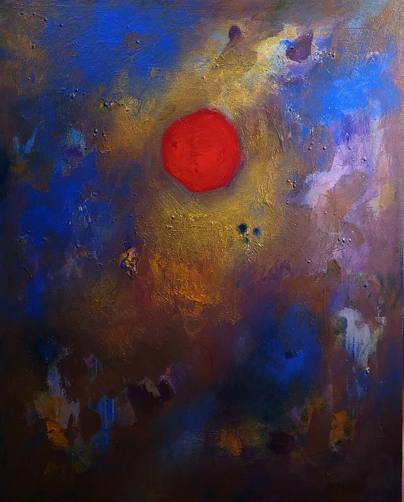 Abstract painting with a central red circle, surrounded by a mix of gold, blue, purple, and dark colors with textured brushstrokes.