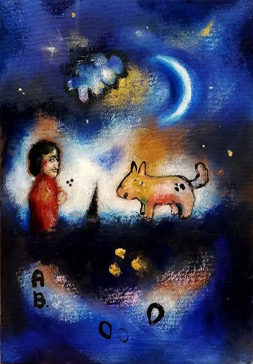 A dreamy, abstract painting featuring a woman with short dark hair and glasses, a cow with pink and black spots, a crescent moon, clouds, stars, and the letters AB, O, and D at the bottom in a colorful night sky.