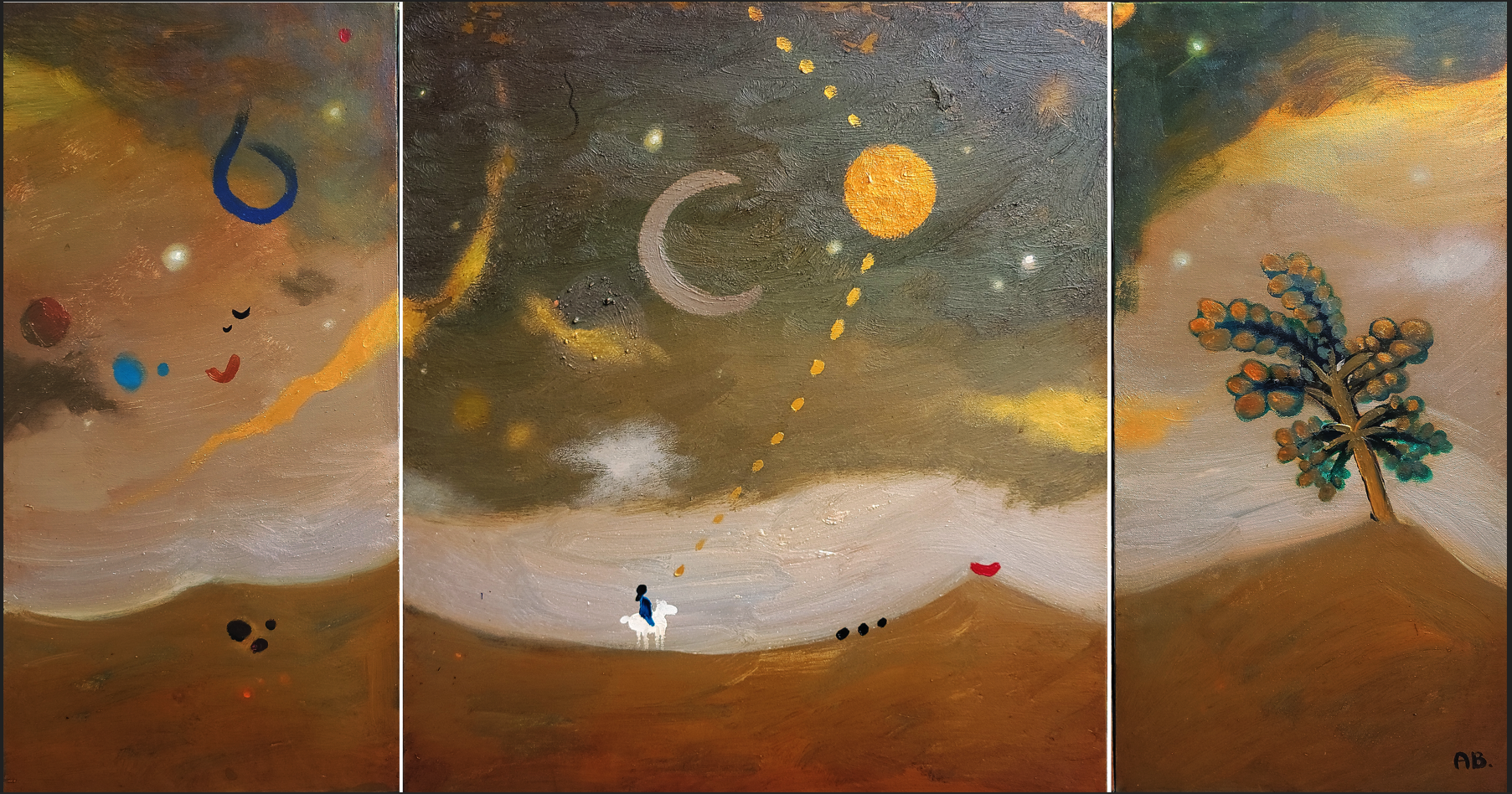 Abstract triptych painting of artist Anton Balanchivadze divided into three panels, featuring a landscape with a person on a white horse, cosmic elements like moons and planets, and various shapes and figures including a stylized tree 