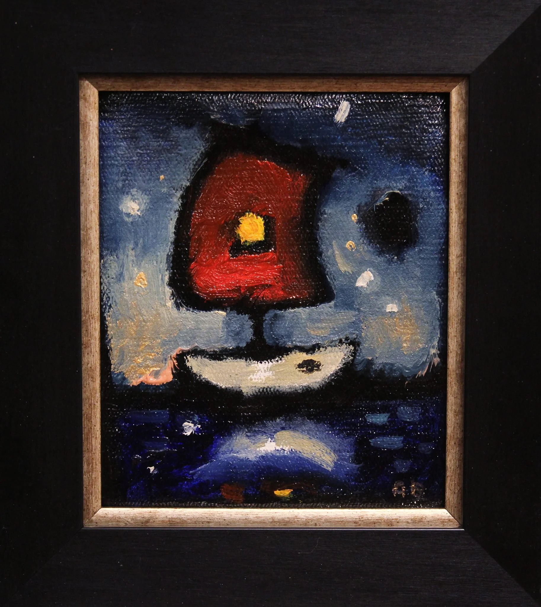 An abstract painting of a face with a dark background, featuring a red nose, yellow eye, and blue and beige brushstrokes surrounding the face.