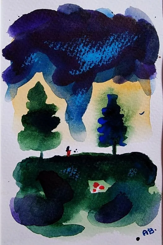 A watercolor painting of a landscape with dark clouds overhead, several trees, a small figure in red walking, and patches of grass and rocks, signed in the bottom right corner.