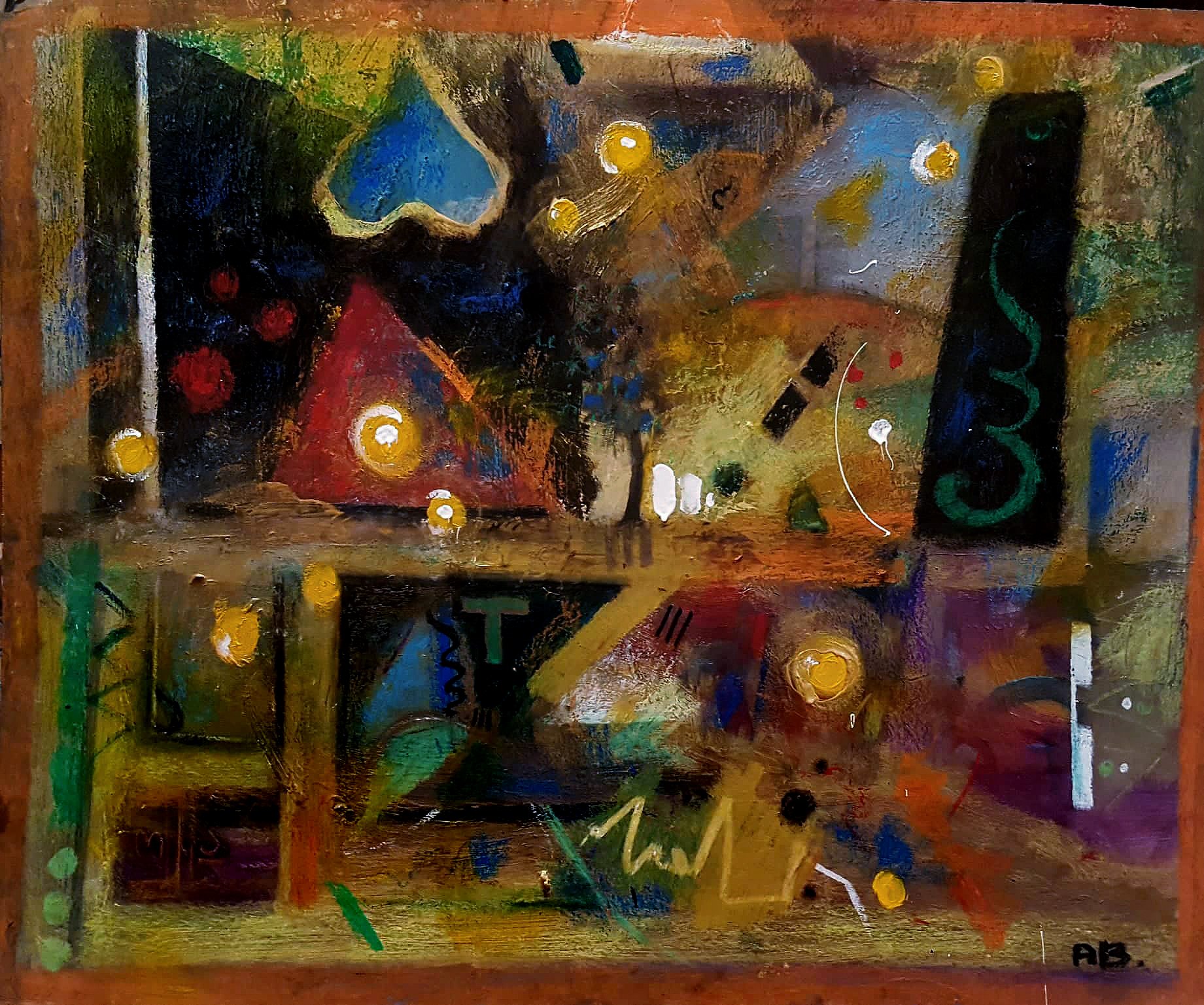 Abstract painting with geometric shapes, bright colors, and scattered lines and dots.