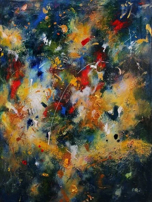 Abstract colorful painting with splashes of red, blue, yellow, white, and black paint.