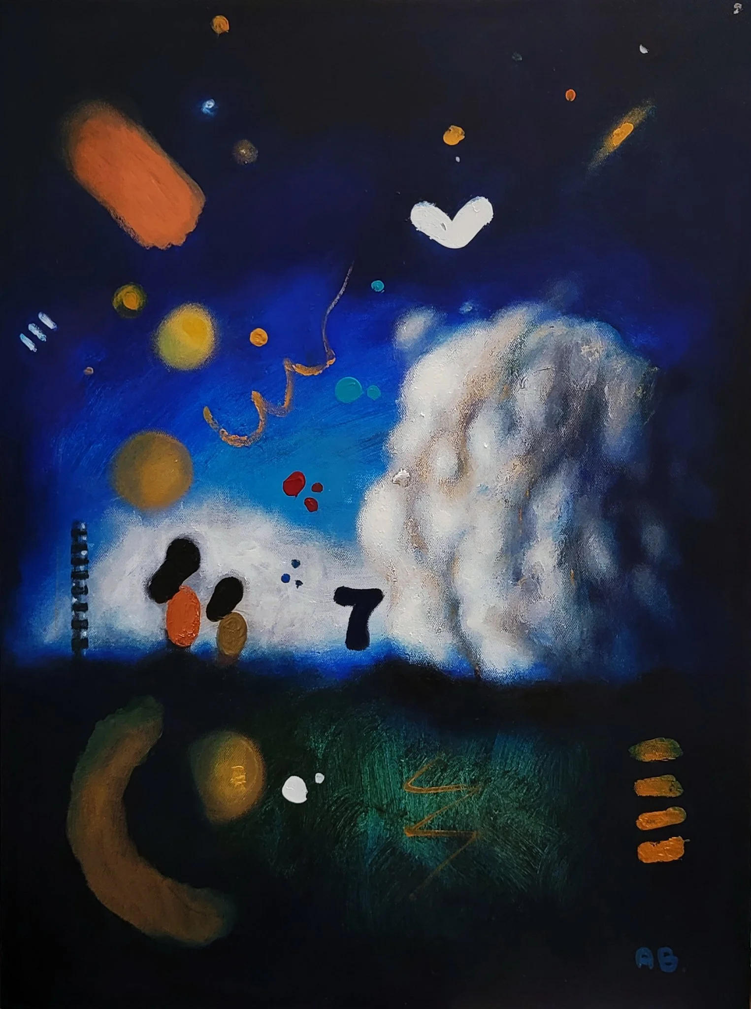 Abstract painting featuring a dark night sky with clouds, colorful circles, numbers, and abstract shapes, including a white heart, black and orange shapes, and a hill with green grass.