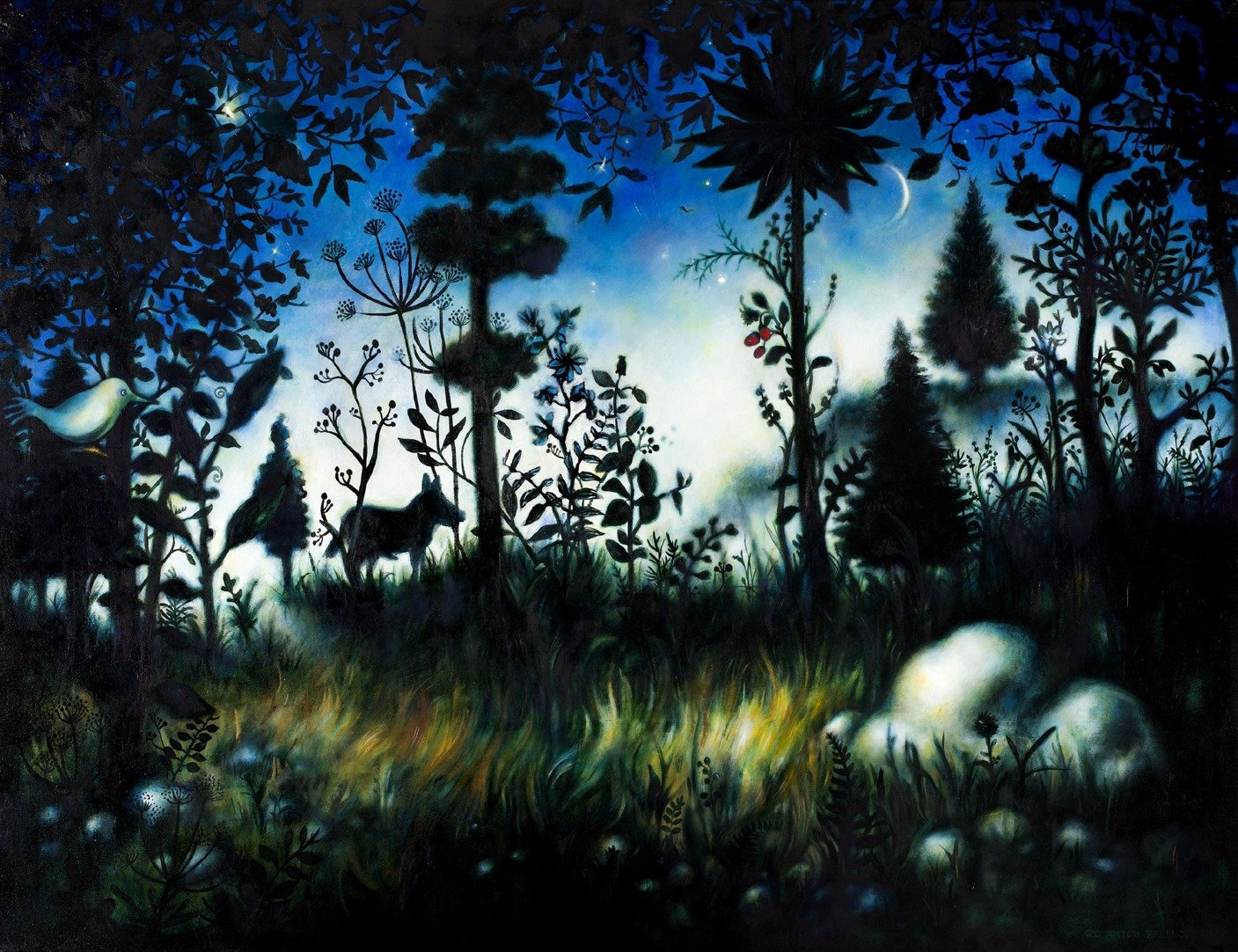A forest scene at dusk with silhouettes of trees, a bird perched on a branch, a horse, and a faulty orb on the ground, with the moon and stars shining in the sky.