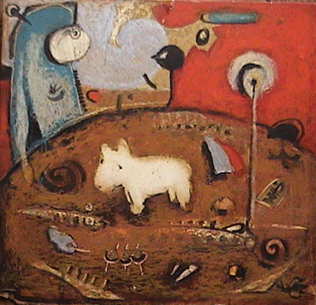 Abstract painting featuring a white dog, a black bird, a lamp, and various miscellaneous objects.