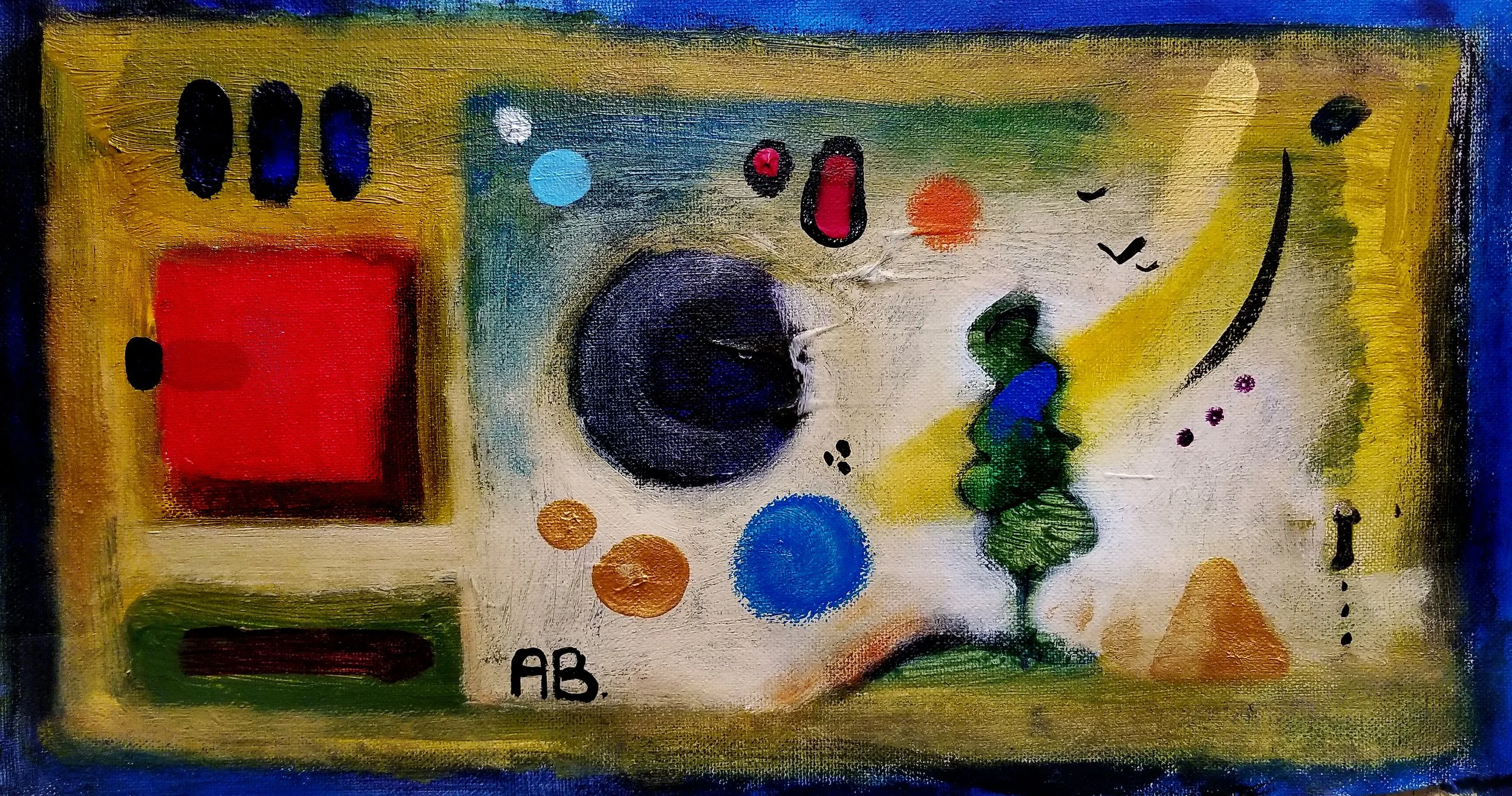 Abstract painting with colorful shapes, circles, squares, and lines on a yellow and blue background, with the initials 'AB' at the bottom left.