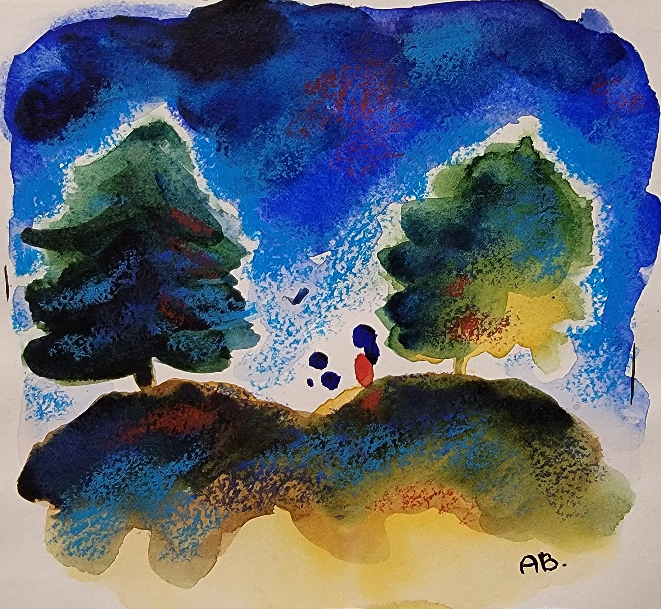 Watercolor painting of two green trees on grassy hills with a blue and yellow sky.