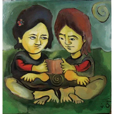 Two cartoon-style women sitting cross-legged, reading a book together, with a green background and a swirl design in the top right corner.
