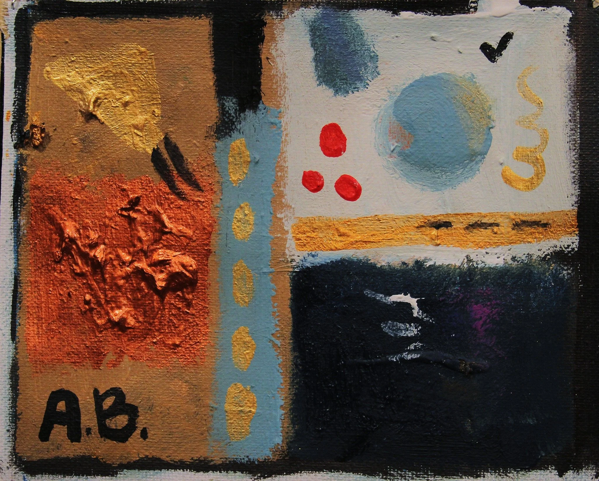 Abstract painting with textured areas of copper, black, red, blue, and white paint, featuring shapes, lines, and the initials 'A.B.' in black at the bottom left corner.