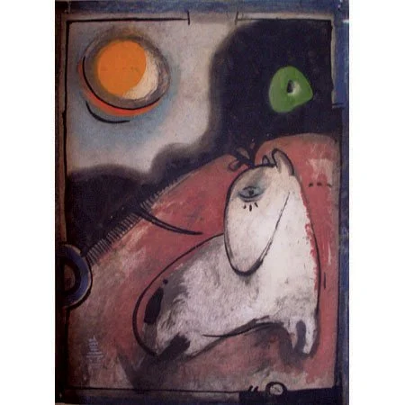 Abstract painting featuring a white horse, a green eye, a yellow-orange sun, and dark background elements.