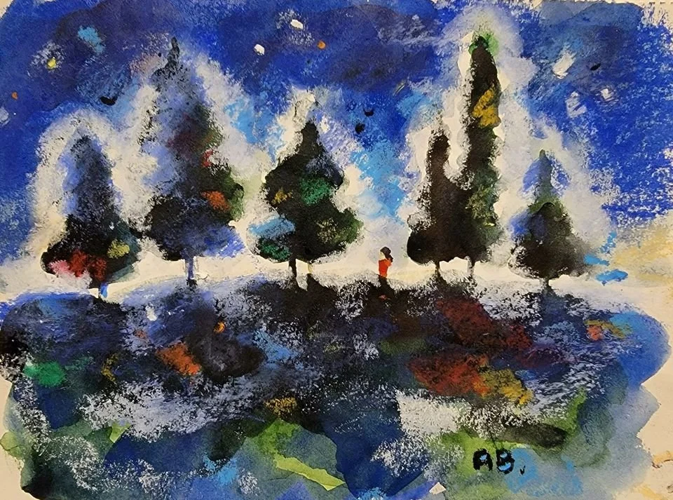 Abstract watercolor painting of five trees on a hillside with a person in red in the middle, blue sky, and colorful ground.
