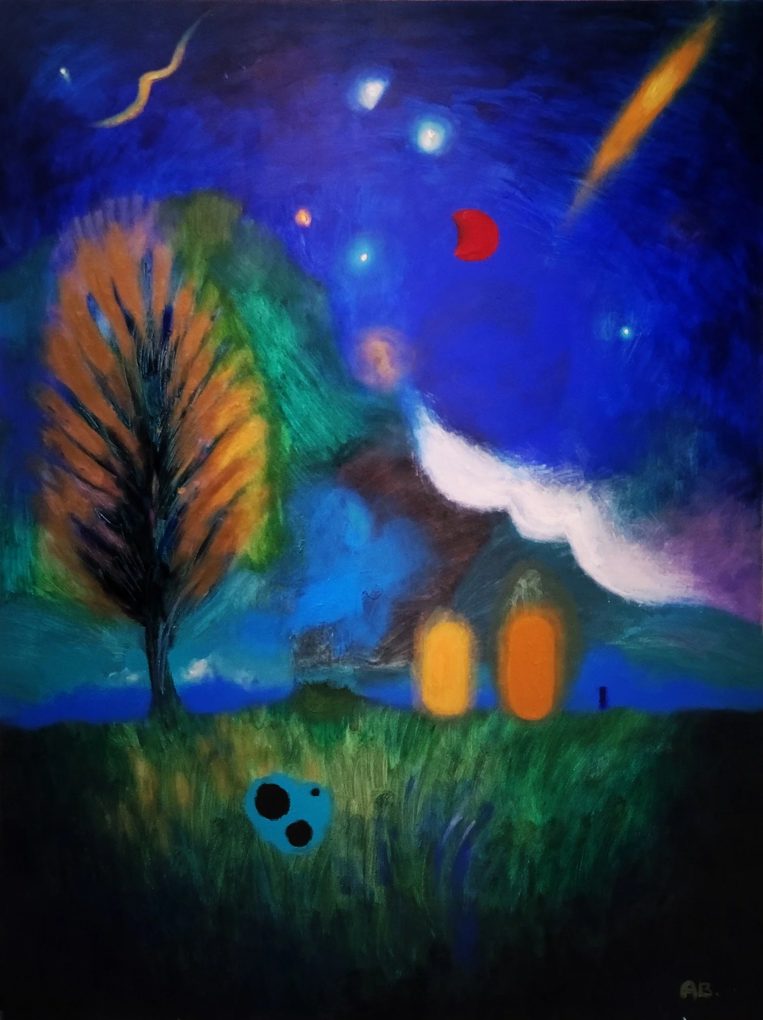 An abstract painting depicting a tree on a grassy hill, with a house in the background, a sky filled with stars, planets, meteors, and colorful clouds, in vibrant and dark colors.