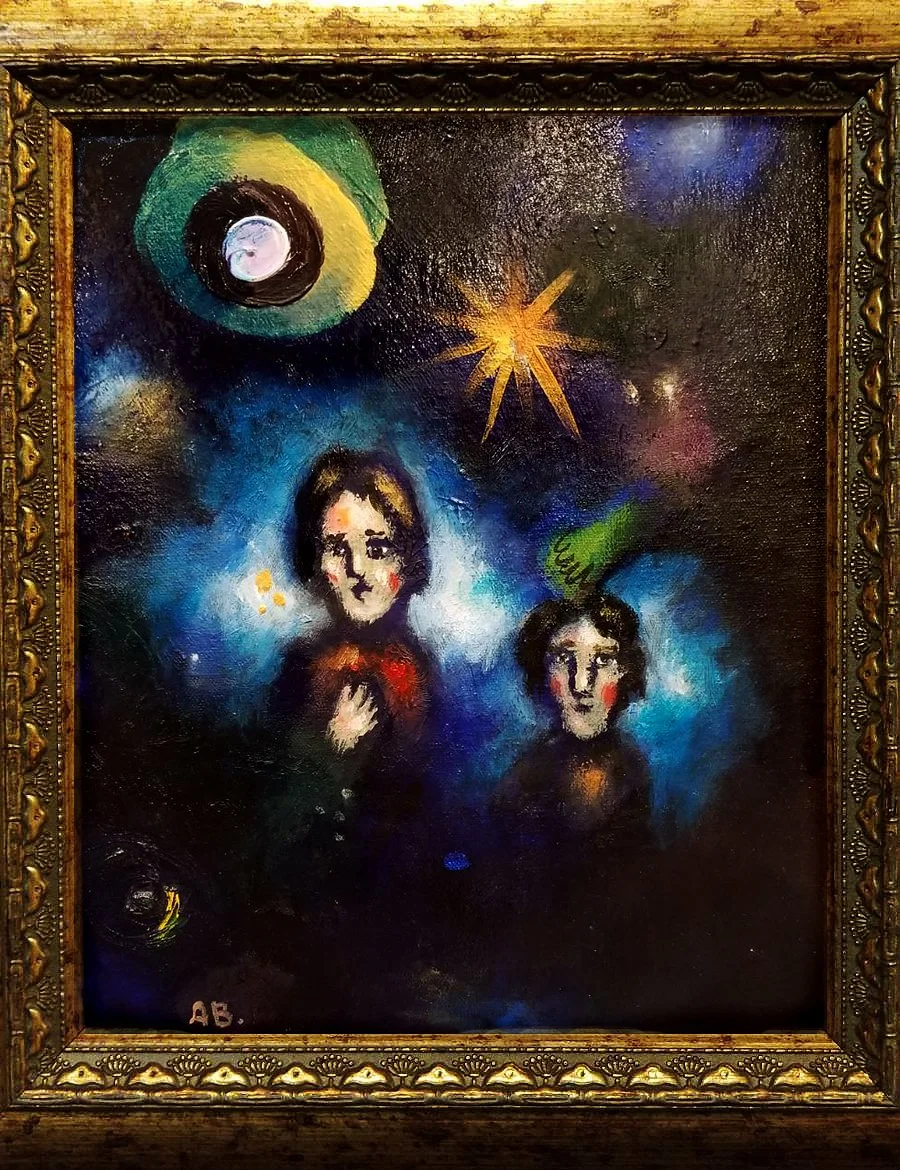 A framed abstract painting of a cosmic scene with two human faces, one with hand on chest, surrounded by celestial objects and vibrant colors.