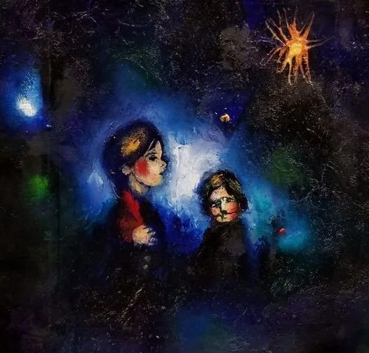 A painting of two young children, one girl and one boy, looking at a starry night sky with a bright star shining and a few small planets visible.