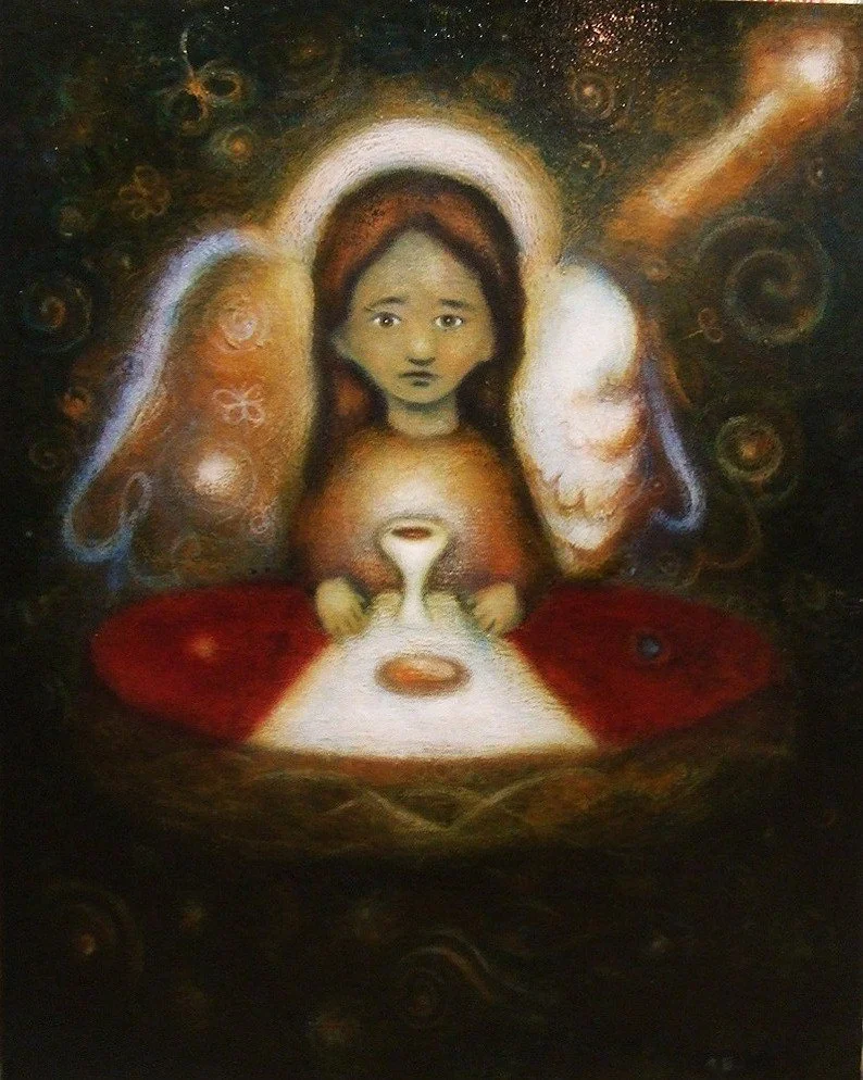A surreal painting of a young girl with a sad expression, holding a tray with a cup and a saucer, with abstract swirling shapes and celestial elements in the background.