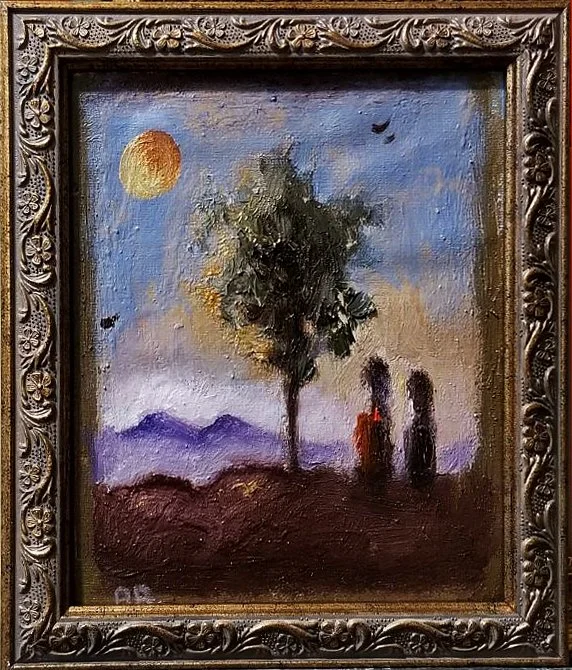 An oil painting depicting a landscape with a tree at center, two figures sitting nearby, mountains in the background, a setting or rising sun in the sky, and a small bird flying.