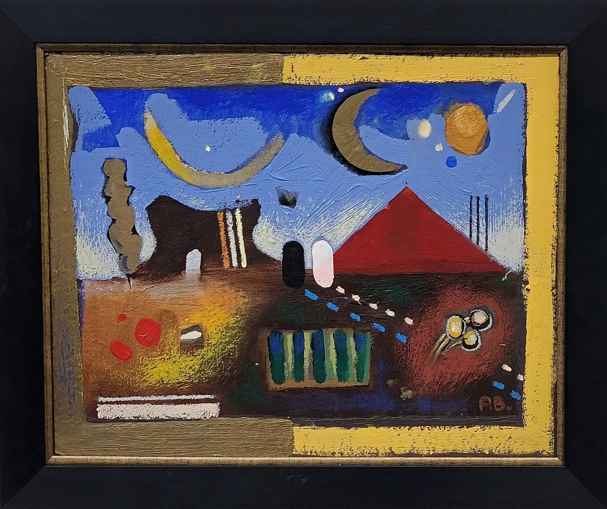 Abstract painting featuring a night sky with crescent moons and stars, a house with a red triangle roof, and colorful geometric shapes in yellow, red, green, and blue, framed in black.
