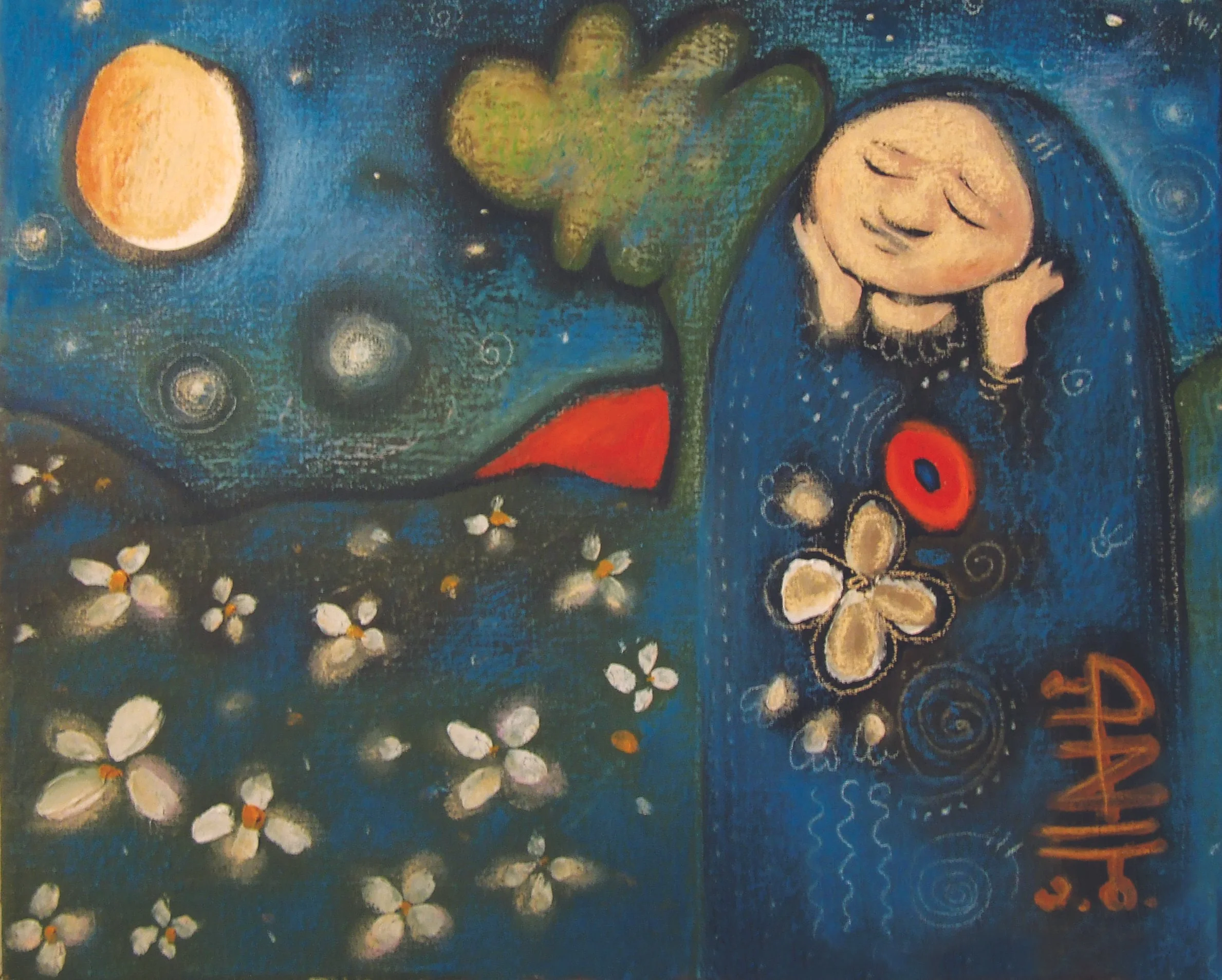 A painting depicting a woman with long blue hair, closed eyes, and a peaceful smile, surrounded by flowers, stars, and a moon in a starry night sky. The background is predominantly blue with stylized celestial elements.