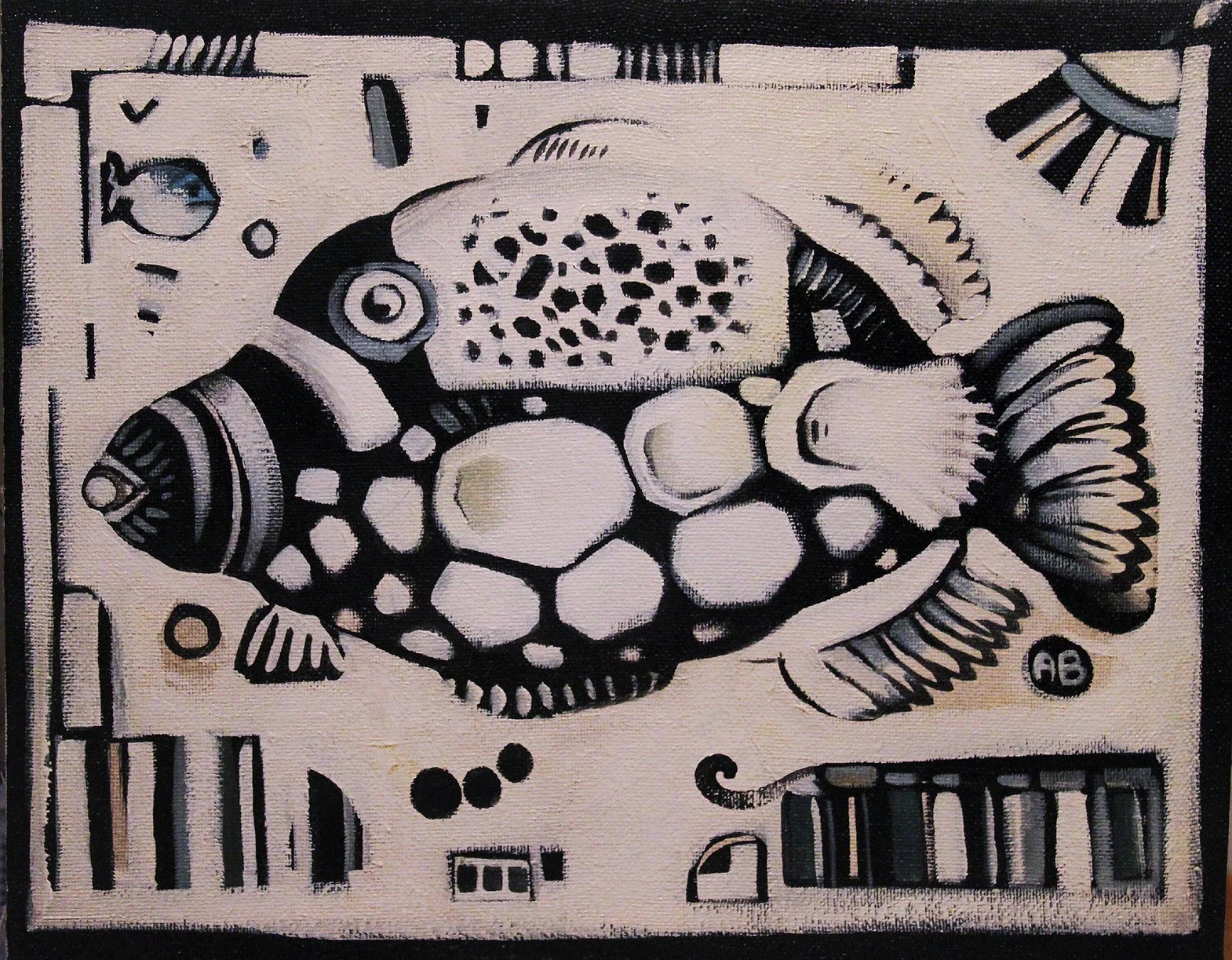 Black and white abstract drawing of a fish with detailed fins and scales surrounded by geometric shapes and patterns.