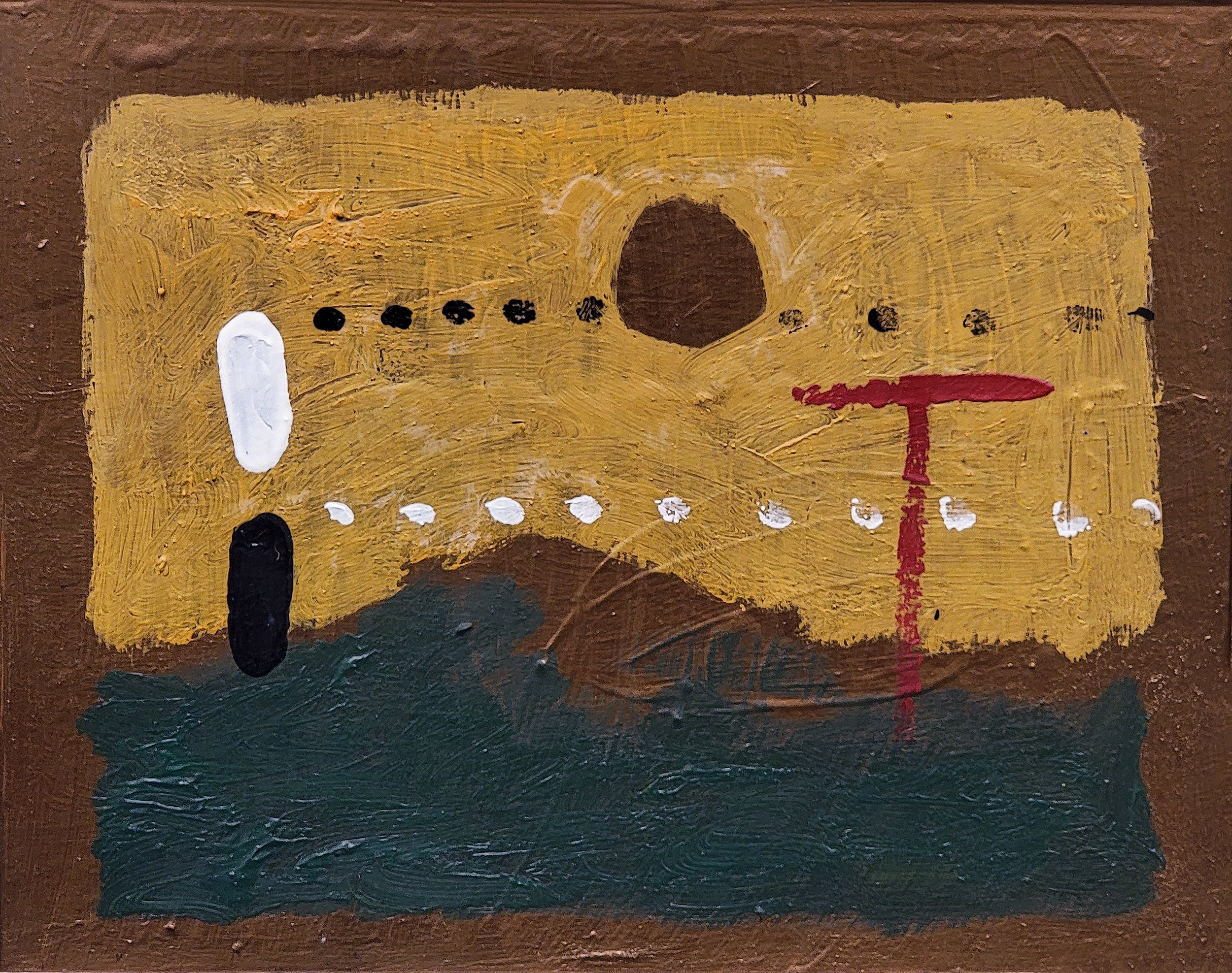 Abstract painting with a yellow rectangular background, a green shape at the bottom, and various black, white, and red marks and shapes.