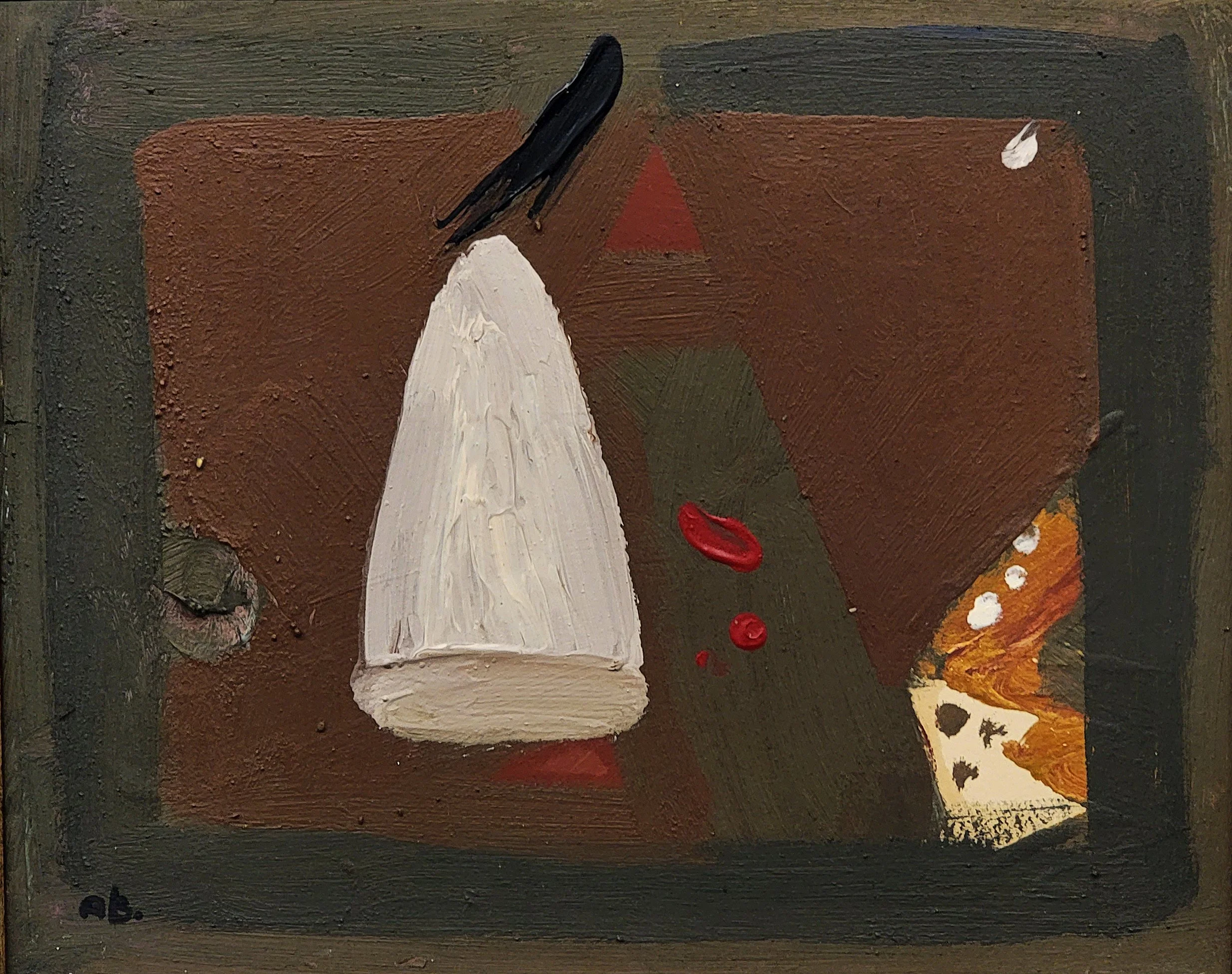 Abstract painting of a woman's face with black hair, red lips, and a drink with a straw, set against a geometric background of brown, green, orange, and white shapes.