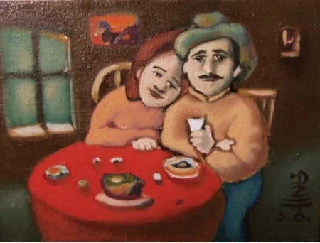 A painting of a couple sitting at a table with food and drinks, in a cozy room with a window and art on the walls.