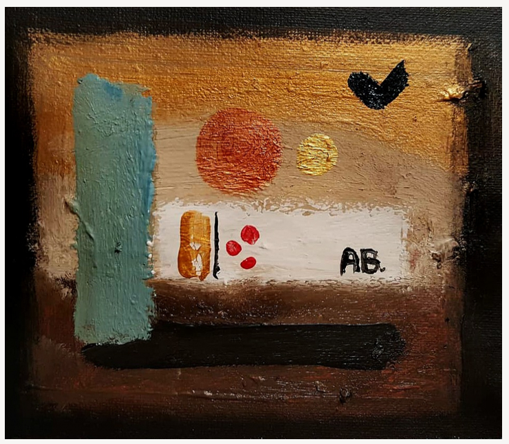 Abstract painting with textured brushstrokes, featuring various shapes and colors including a large red circle, smaller yellow circle, black check mark, orange rectangle, and red dots, with the letters 'AB' on the right side.