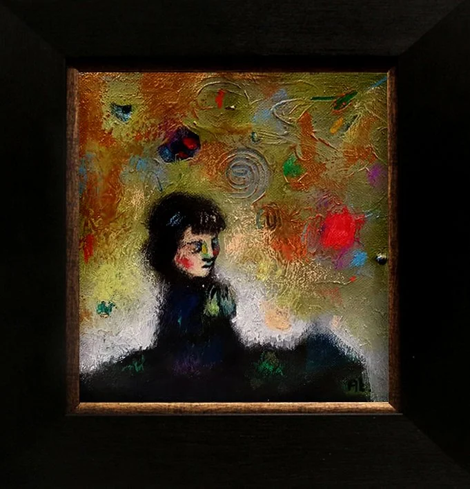 An abstract portrait of a woman with black hair, surrounded by a colorful background with swirling patterns and bright splashes of color.