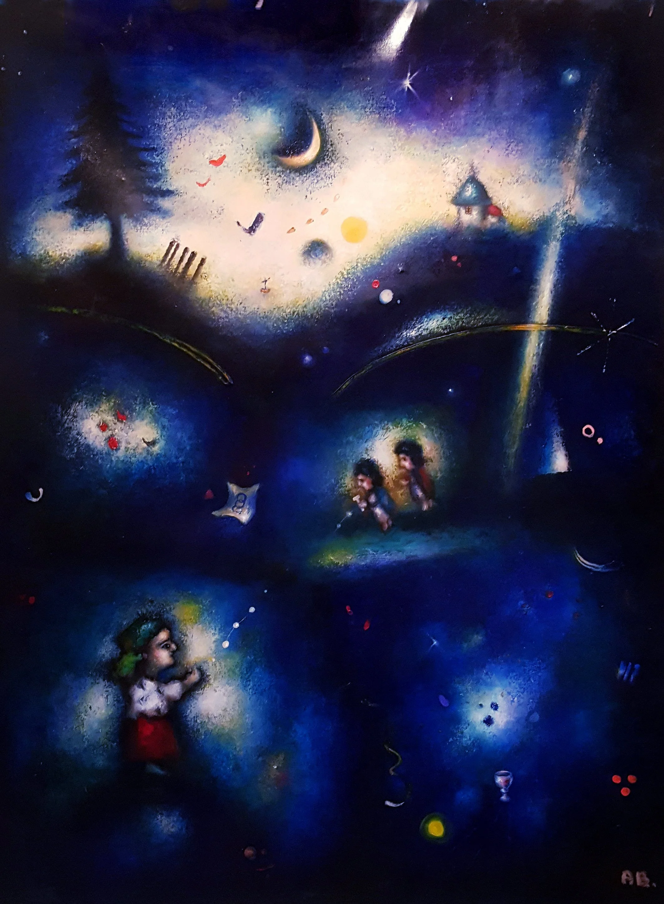 A surreal, colorful night scene with a crescent moon, stars, distant houses, whimsical figures, and floating objects like balloons and lanterns set against a dark blue and purple sky.