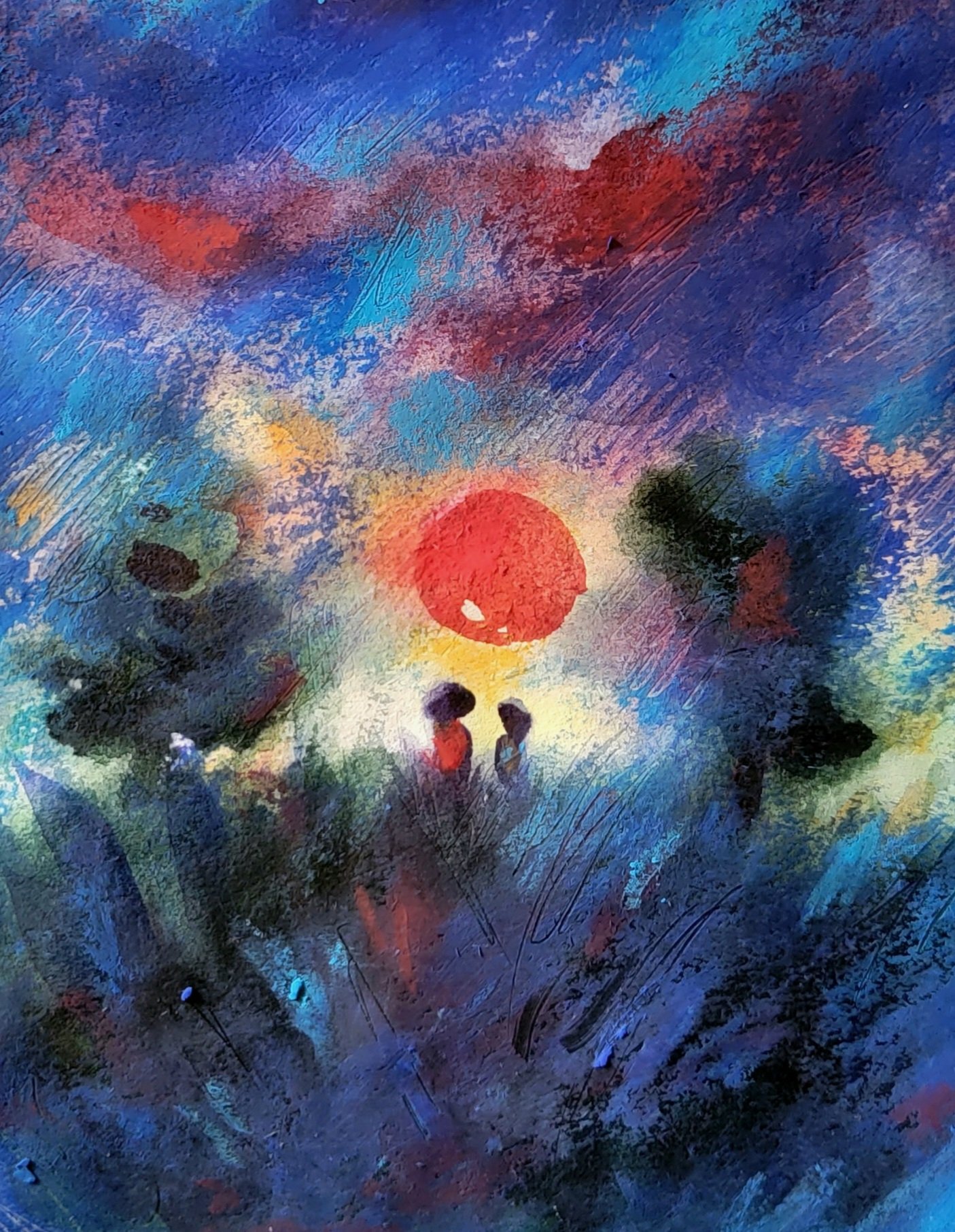 Watercolor painting of a sunset with two people standing in a lush landscape, surrounded by trees and vibrant sky colors.