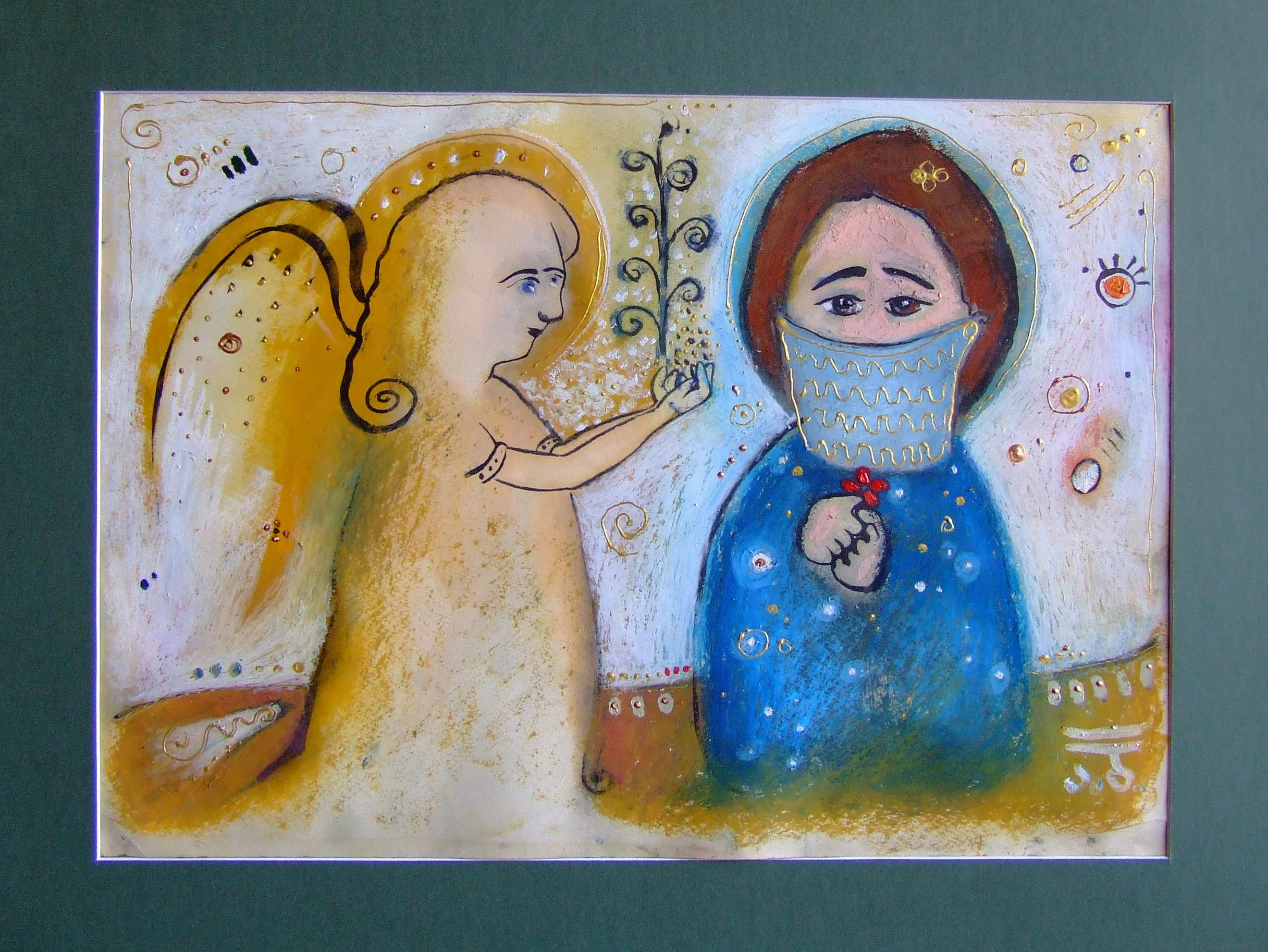 A colorful painting of an angel with golden wings and a halo, handing a small plant to a woman wearing a face mask holding a red flower.