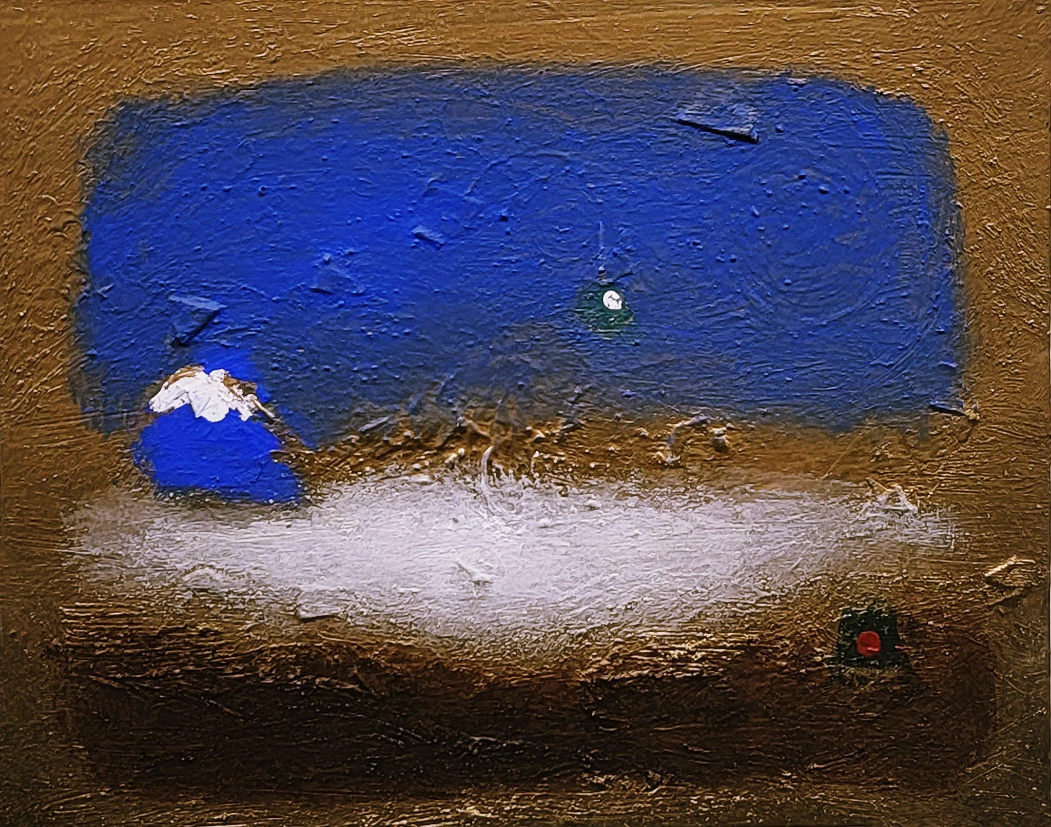 An impressionist-style painting of artist Anton Balanchivadze with a blue stove with a white flame, a small green thermostat, and a black power switch with a red indicator.
