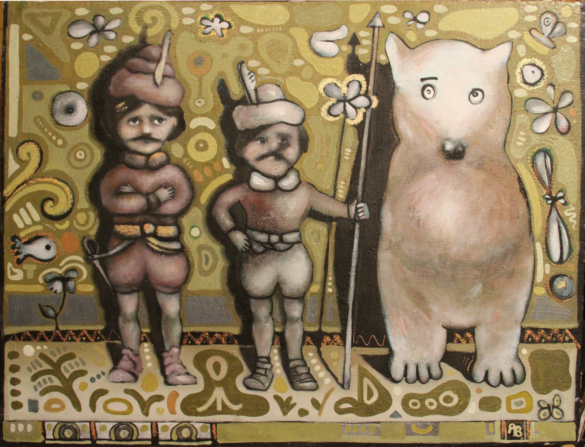 Painting of two cartoonish characters in traditional attire with large heads, mustaches, and hats, standing beside a large, simplified bear holding a spear, set against a vibrant abstract background with flowers and geometric shapes.