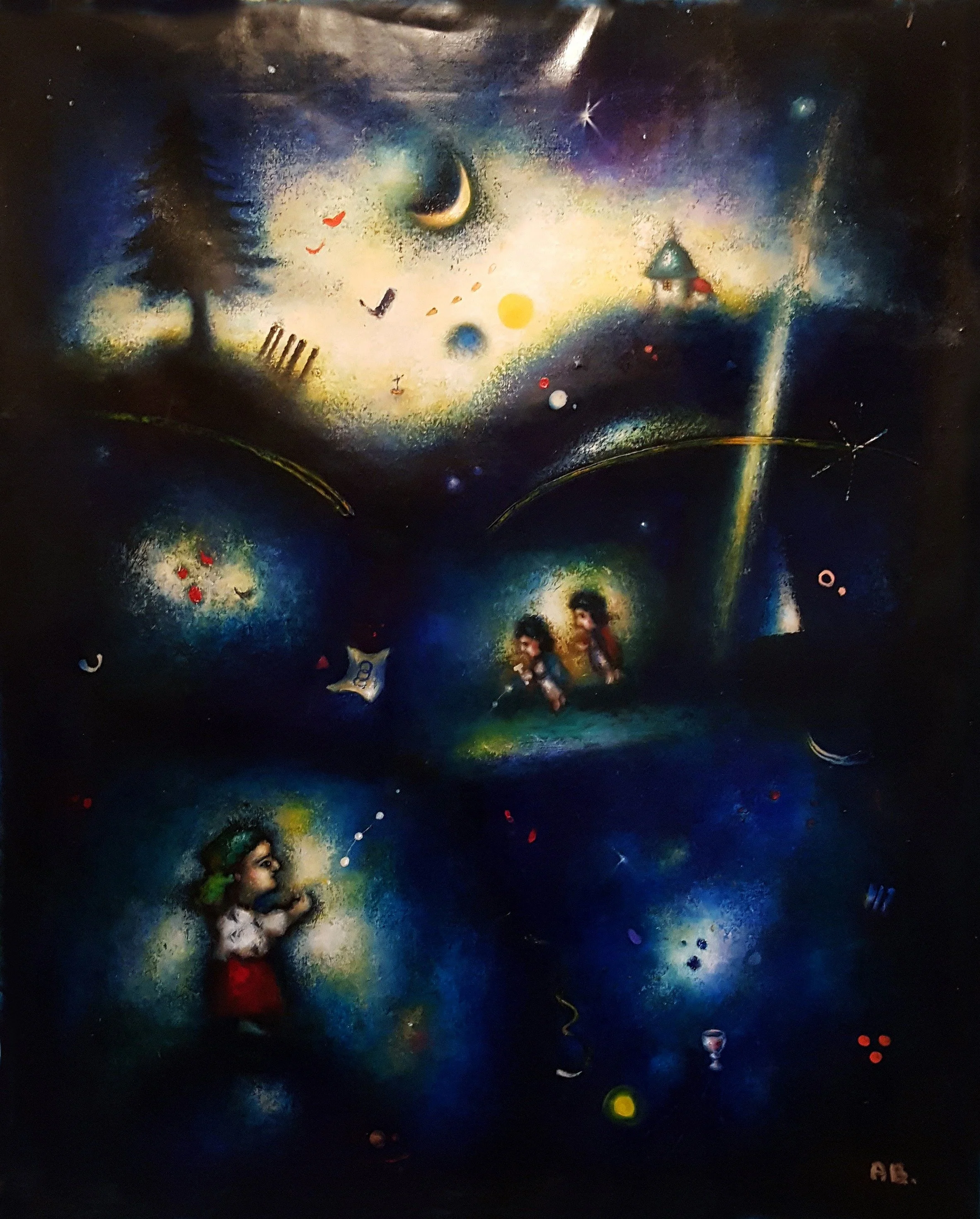 A surreal, colorful painting featuring dark blues, greens, and bright whites, depicting a night scene with children, celestial objects, a small house, trees, a crescent moon, stars, and abstract elements.