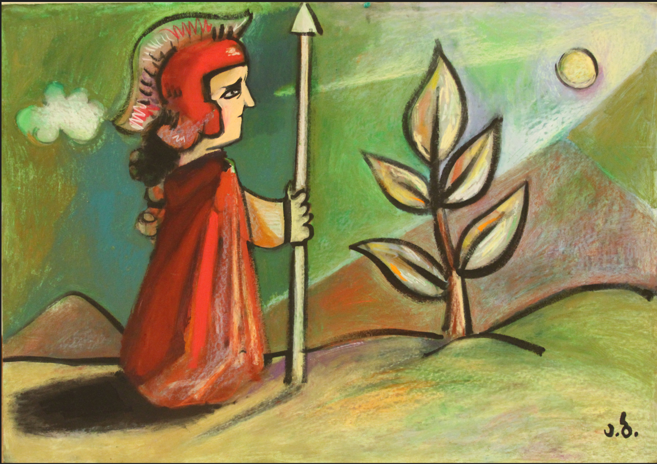 A colorful drawing of a person wearing a red cloak and helmet with a plume, holding a spear, walking past a plant with large leaves, in a landscape with hills and a moon or sun in the sky.