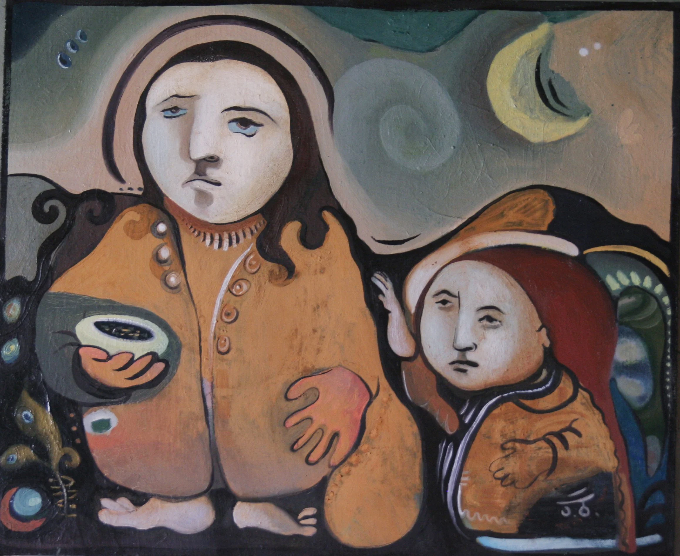 A surreal painting of two women with large, expressive faces in warm tones. The woman on the left has dark hair, wears a tan shirt with buttons, a pearl necklace, and holds a small dish. The woman on the right, with shorter dark hair and a red hat, h