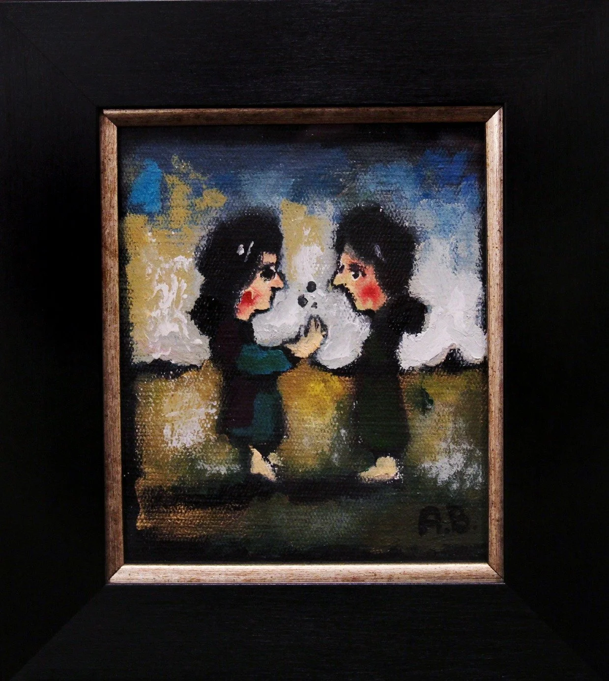 A painting of two young women facing each other outdoors with a blue and yellow sky background. One woman is holding a flower and offering it to the other. The painting has a textured, impressionistic style with visible brushstrokes.