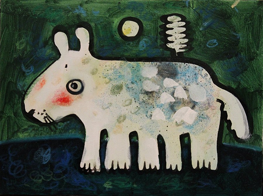 A whimsical painting of a creature that combines a rabbit and a tank, with a round body, rabbit ears, and tank treads underneath, set against a green background.